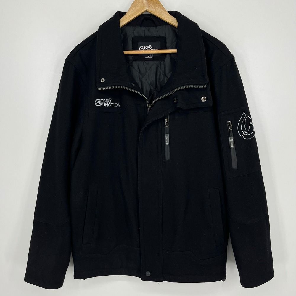 Ecko Function Mens Black Wool Blend Quilted Lined Utility Jacket Size M Vtg 90s